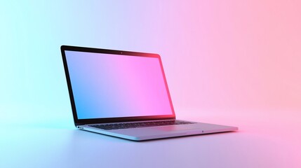 Wall Mural - Laptop with blank screen in vibrant pink and blue gradient background.