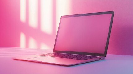 Wall Mural - Pink laptop on table, blank screen.