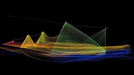 Wall Mural - Bright neon lines intertwining with translucent 3D cubes and pyramids, evoking a futuristic digital world.