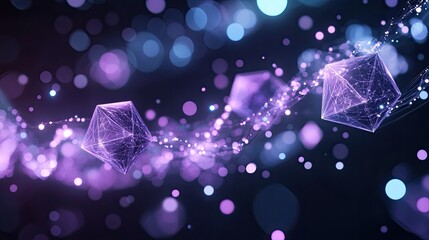Wall Mural - Bright neon lines intertwining with translucent 3D cubes and pyramids, evoking a futuristic digital world.