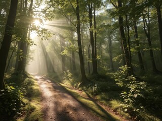 Wall Mural - Sunlit forest path, dew-kissed leaves, gentle mist, nature, dreamy