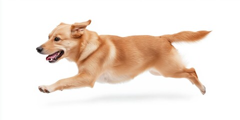 Sticker - A dog is running in the air with its mouth open. The dog is brown and white. The dog is in motion and he is enjoying itself