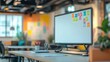 © kaiserseeing - Modern Office Workspace Featuring Blank Whiteboard with Colorful Sticky Notes for Creative Ideas, Workspace Design, and Functional Team Collaboration Environment