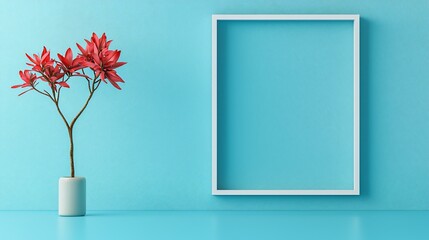 Poster - Minimalist room decor red flower in pot, empty white frame on blue wall.