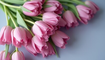 Wall Mural - A stunning bouquet of soft pink tulips is elegantly arranged against a serene blue background. The vibrant petals and lush green leaves create a harmonious blend, evoking feelings of freshness and