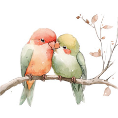 Wall Mural - Sweet Lovebirds Perched Together on a Branch in Soft Watercolor Style