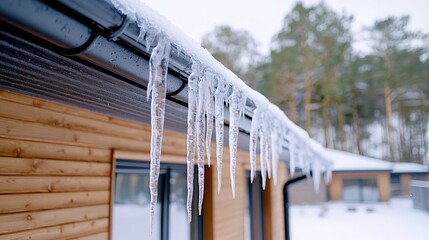 Sticker - Icicles hanging from a house gutter in winter.