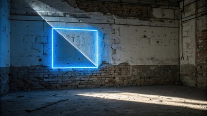 Aufkleber - A vibrant blue neon square glows against a weathered brick wall in a forgotten building, casting a stark shadow on the dusty floor.