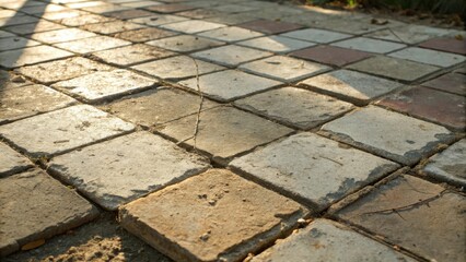 Poster - A close-up perspective of a patterned stone walkway, showcasing the intricate details and weathered texture of the individual tiles, revealing the passage of time and the elements