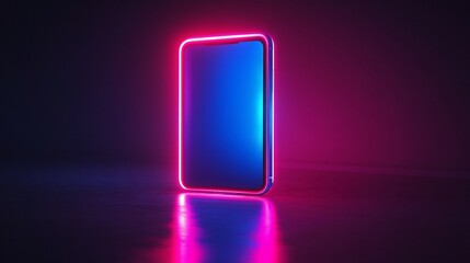 Wall Mural - Neon glowing smartphone on dark background.