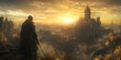 © Andsx - A lone knight surveys a magnificent medieval city at sunset.  Epic fantasy landscape artwork, a breathtaking view, the sun sets casting a golden hue on the majestic buildings.
