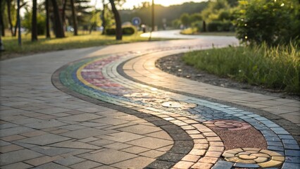 Aufkleber - A curving pathway in a park, adorned with colorful mosaic tiles, leading toward the setting sun, casting a warm glow on the stone.