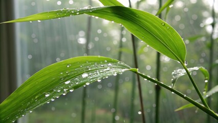 Poster - A delicate green leaf glistening with raindrops, captured in a moment of natural beauty. The soft focus background creates a sense of tranquility and peace.