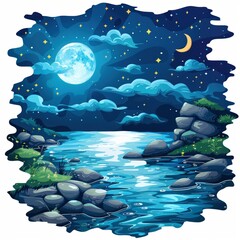 Wall Mural - River flowing under a starry night sky with full moon and crescent moon
