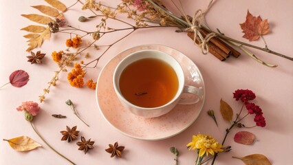 Poster - Aromatic Cup of Tea Surrounded by Dried Leaves and Flowers on a Soft Pink Surface