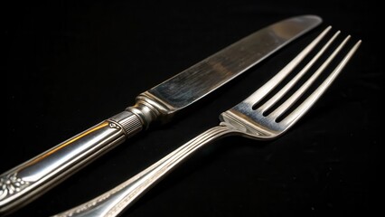 Aufkleber - A simple silver fork and knife resting on a black surface, the gleaming metal reflecting the subtle light