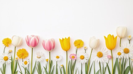 Wall Mural - Colorful tulips and daisies border on white.