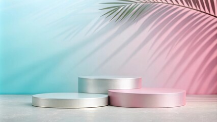 Fototapete - Minimalist product display with round podiums on a gray surface, featuring a soft blue and pink background with the shadow of palm leaves