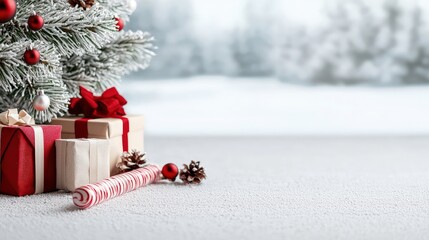 Wall Mural - Snowy winter scene with Christmas tree and presents.