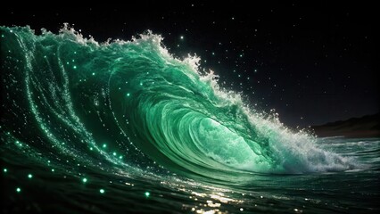 Poster - A mesmerizing wave crashes against the shore at night, illuminated by bioluminescent plankton, creating a spectacle of nature's artistry