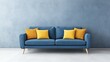 © StockArtEmpire.AI - A blue couch with vibrant yellow pillows in a minimalistic room with a plain wall backdrop