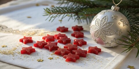 Wall Mural - A Festive Table Setting Featuring a Silver Ornament, Red Star Shaped Candies, and Gold Glitter Scattered on a White Linen Cloth