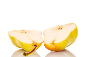 Wall Mural - One cut yellow ripe pear, close-up, isolated on white background.