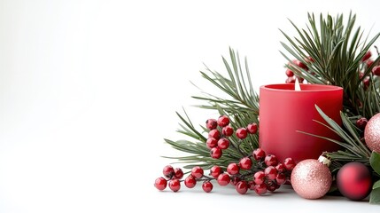 Wall Mural - Red candle with Christmas decor.