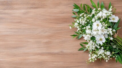 Wall Mural - White flowers bouquet on wood background.