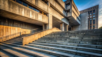 Poster - Concrete Stairway Leading to a Modern Building with a Geometric Design and a Subtle Golden Glow