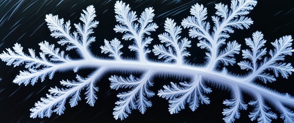 Macro photograph, intricate frost pattern, delicate ice crystals, fern-like structure, winter details, black background, cold temperature, nature's artwork, symmetry in nature, frozen beauty, high con