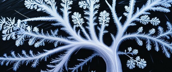 Macro photograph, intricate frost pattern, delicate ice crystals, fern-like structure, winter details, black background, cold temperature, nature's artwork, symmetry in nature, frozen beauty, high con