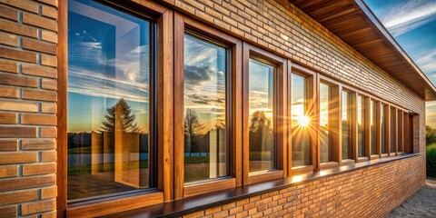 Poster - Brick facade with a row of large windows reflecting the setting sun and a lush green landscape