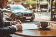 © ABDUL - Man in a business suit sitting at a cafe table, writing on papers with a coffee cup beside him, while a luxury car is parked in the background on a sunny day