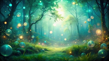Poster - A mystical forest path illuminated by glowing orbs, ethereal light filters through the trees creating a dreamlike atmosphere
