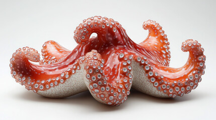 Wall Mural - Red octopus with curled tentacles on white background.