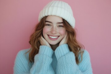 Wall Mural - Cheerful young woman in a cozy sweater and beanie posing against a pink background while smiling warmly with