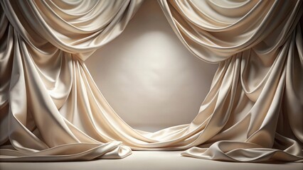 Aufkleber - Draped cream-colored silk curtains create a soft, elegant backdrop with a subtle glow illuminating the center stage