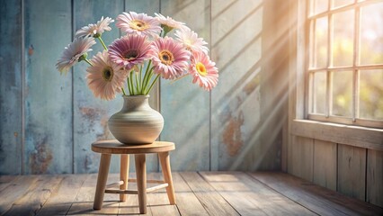 Wall Mural - A rustic wooden stool holding a vase filled with delicate pink flowers, bathed in the warm glow of sunlight streaming through a window.