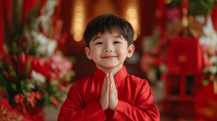 Asian kid in red traditional costume greeting with hands together. Chinese New Year, Lunar New Year, Chinese New Year, Mid-Autumn Festival, Dragon Boat Festival, birthday or family event celebration