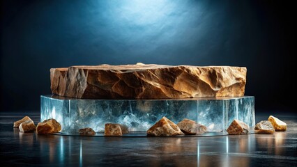 Aufkleber - A Rough Stone Podium with a Frosted Glass Base and Scattered Pebbles on a Reflective Surface