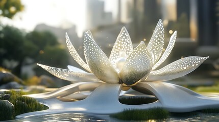 Canvas Print - White lotus flower in a city park at sunrise.