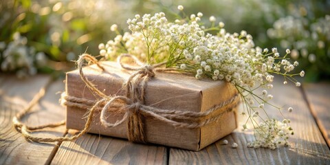 Poster - A Rustic Gift Wrapped in Brown Paper and Twine Decorated with Delicate White Flowers on a Wooden Surface