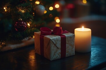 Poster - Festive holiday gift surrounded by candlelight and decorations in a cozy indoor setting during Christmas season