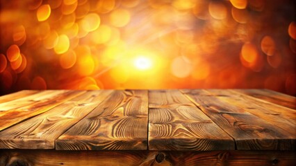 Poster - Rustic Wooden Tabletop with a Blurry Background of Warm Golden Lights and a Glowing Center