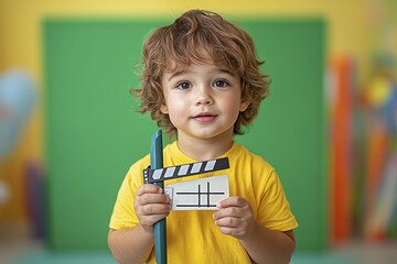 Cute child holding clapperboard in colorful creative space