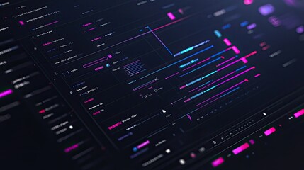 Close-up of a futuristic digital interface with glowing graphs and data.