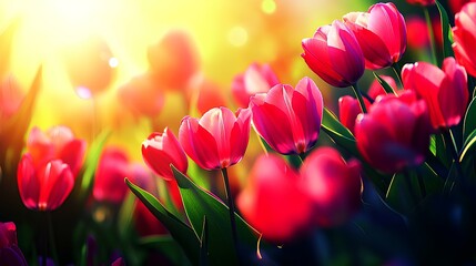 Wall Mural - Beautiful pink tulips in a spring field at sunset, making an enchanting floral banner. Copy space.