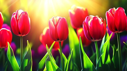 Wall Mural - Spring field of pink tulips illuminated by the golden sunset, ideal for a floral banner.