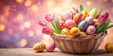 Aufkleber - A basket filled with colorful Easter eggs and pink tulips, set against a soft pink and yellow bokeh background.